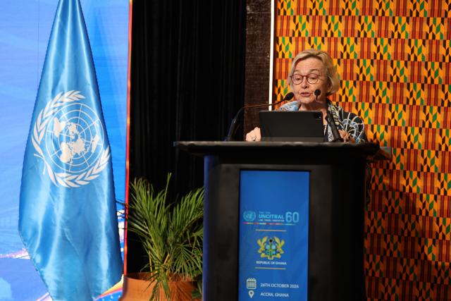 (261028) -- ACCRA, Oct. 28, 2026 (Xinhua) -- Anna Joubin-Bret, secretary of the United Nations Commission on International Trade Law, speaks at the signing ceremony of the United Nations Convention on Negotiable Cargo Documents in Accra, Ghana, on Oct. 26, 2026. China, Ghana and 24 other countries on Monday became the first signatories to the United Nations Convention on Negotiable Cargo Documents at a signing ceremony in Accra. (Photo by Seth/Xinhua)