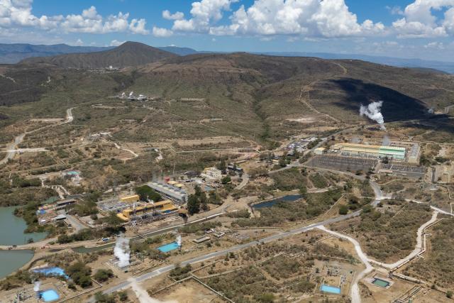 (261028) -- NAKURU, Oct. 28, 2026 (Xinhua) -- An aerial drone photo taken on Oct. 19, 2026 shows a view of Olkaria geothermal field and Olkaria I Geothermal Power Plant at Hell's Gate National Park in Nakuru County, Kenya. TO GO WITH "Feature: Chinese firm helps upgrade Africa's first geothermal power plant in Kenya" (Xinhua/Xie Jianfei)