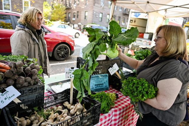 (261029) -- NEW YORK, Oct. 29, 2026 (Xinhua) -- A customer shops for produce at a farmers' market in Queens, New York City, the United States, on Oct. 24, 2026. TO GO WITH "Feature: Rising living costs weigh on New Yorkers as midterms approach" (Photo by Ziyu Julian Zhu/Xinhua)