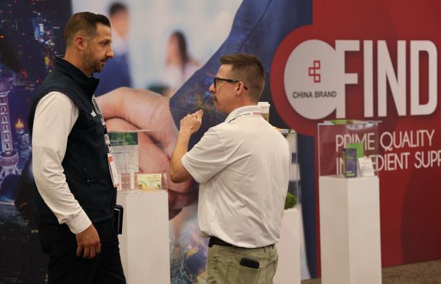 (261029) -- LAS VEGAS, Oct. 29, 2026 (Xinhua) -- People visit the Chinese brands exhibition area during the SupplySide Global 2026 in Las Vegas, Nevada, the United States, on Oct. 28, 2026. SupplySide Global, North America's leading dietary supplement event, opened its expo hall on Wednesday in Las Vegas, the U.S. state of Nevada, bringing together industry professionals from around the world to explore the latest ingredients, products and solutions in the health and nutrition sectors. (Photo by Zeng Hui/Xinhua)