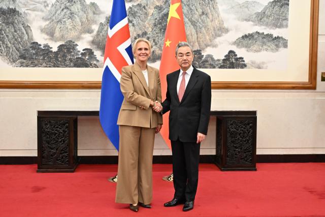 (261029) -- BEIJING, Oct. 29, 2026 (Xinhua) -- Chinese Foreign Minister Wang Yi, also a member of the Political Bureau of the Communist Party of China Central Committee, holds talks with Icelandic Foreign Minister Thorgerdur Katrin Gunnarsdottir in Beijing, capital of China, Oct. 29, 2026. (Xinhua/Tian Yu)