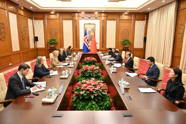 (261029) -- BEIJING, Oct. 29, 2026 (Xinhua) -- Chinese Foreign Minister Wang Yi, also a member of the Political Bureau of the Communist Party of China Central Committee, holds talks with Icelandic Foreign Minister Thorgerdur Katrin Gunnarsdottir in Beijing, capital of China, Oct. 29, 2026. (Xinhua/Tian Yu)