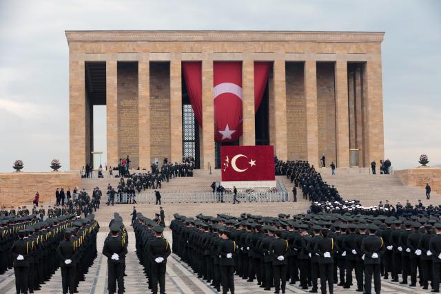 (261029) -- ANKARA, Oct. 29, 2026 (Xinhua) -- Turkish soldiers gather at Anitkabir, the mausoleum of the founder of Turkish Republic Mustafa Kemal Ataturk, to celebrate the Republic Day in Ankara, Türkiye, Oct. 29, 2026. (Mustafa Kaya/Handout via Xinhua)