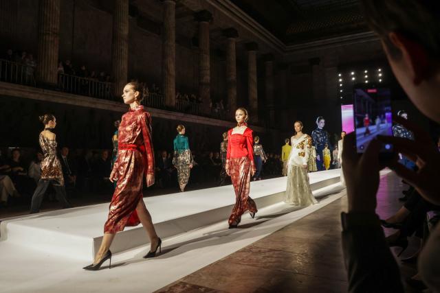 (261030) -- ST. PETERSBURG, Oct. 30, 2026 (Xinhua) -- Models showcase designers' creations at a fashion show in St. Petersburg, Russia, Oct. 29, 2026. A fashion show was held at the Marble Palace of the Russian Museum of Ethnography in St. Petersburg on Thursday evening, featuring the latest creations by Russian designers and showcasing fashion concepts inspired by Russian styles. (Photo by Irina Motina/Xinhua)