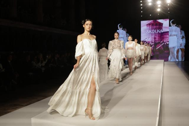 (261030) -- ST. PETERSBURG, Oct. 30, 2026 (Xinhua) -- Models showcase designers' creations at a fashion show in St. Petersburg, Russia, Oct. 29, 2026. A fashion show was held at the Marble Palace of the Russian Museum of Ethnography in St. Petersburg on Thursday evening, featuring the latest creations by Russian designers and showcasing fashion concepts inspired by Russian styles. (Photo by Irina Motina/Xinhua)
