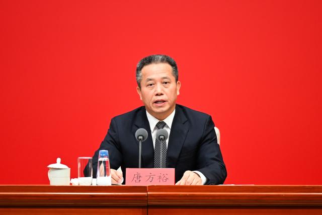 (261030) -- BEIJING, Oct. 30, 2026 (Xinhua) -- Tang Fangyu, head of the Policy Research Office of the Communist Party of China (CPC) Central Committee, gives an introduction during a press conference held by the CPC Central Committee on the guiding principles from the fifth plenary session of the 20th CPC Central Committee, in Beijing, Oct. 30, 2026. (Xinhua/Zhang Xiaoyu)