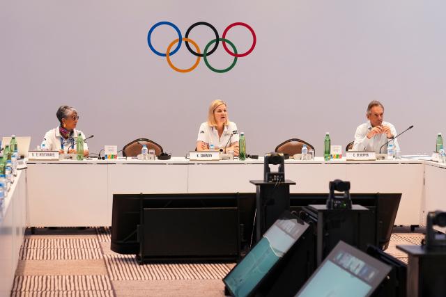 (261030) -- DAKAR, Oct. 30, 2026 (Xinhua) -- Kirsty Coventry (C), president of International Olympic Committee (IOC), attends the IOC Executive Board meeting ahead of the Dakar 2026 Youth Olympic Games in Dakar, Senegal, Oct. 30, 2026. (Xinhua/Xie Jianfei)