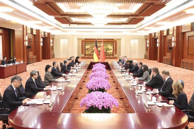 (261030) -- BEIJING, Oct. 30, 2026 (Xinhua) -- Zhao Leji, chairman of the National People's Congress (NPC) Standing Committee, meets with German President Frank-Walter Steinmeier in Beijing, capital of China, Oct. 30, 2026. (Xinhua/Pang Xinglei)