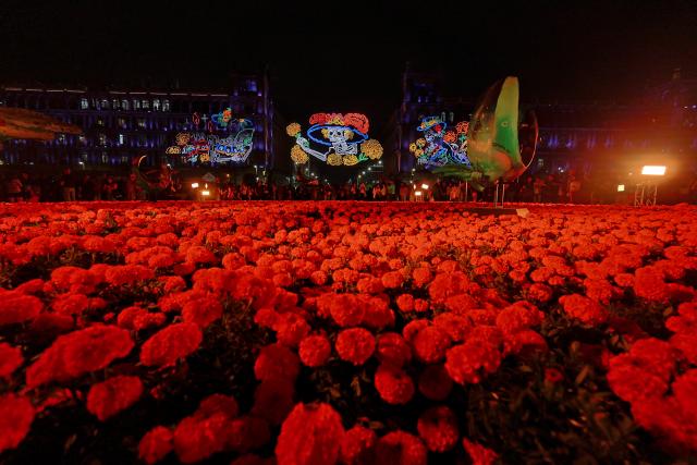 (261030) -- MEXICO CITY, Oct. 30, 2026 (Xinhua) -- People view the Day of the Dead offering at Zocalo Square in Mexico City, capital of Mexico, Oct. 29, 2026. (Xinhua/Alejandro Medina)