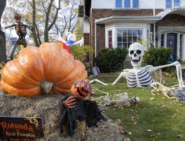 (261031) -- TORONTO, Oct. 31, 2026 (Xinhua) -- Halloween decorations are displayed in front of a house in Toronto, Canada, on Oct. 30, 2026. (Photo by Zou Zheng/Xinhua)