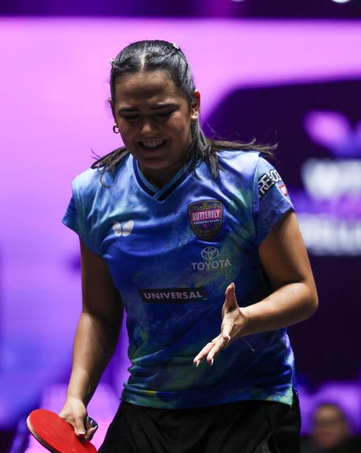 (261031) -- MONTPELLIER, Oct. 31, 2026 (Xinhua) -- Adriana Diaz of Puerto Rico reacts during the women's singles round of 16 match between Kuai Man of China and Adriana Diaz of Puerto Rico at the WTT Champions Montpellier 2026 in Montpellier, France, on Oct. 30, 2026. (Xinhua/Wu Huiwo)