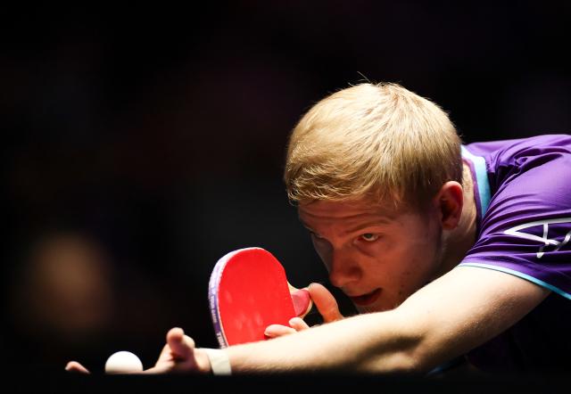 (261031) -- MONTPELLIER, Oct. 31, 2026 (Xinhua) -- Felix Lebrun of France serves during the men's singles round of 16 match between Zhou Qihao of China and Felix Lebrun of France at the WTT Champions Montpellier 2026 in Montpellier, France, on Oct. 30, 2026. (Xinhua/Wu Huiwo)