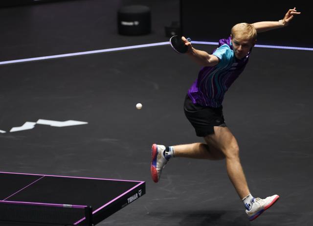 (261031) -- MONTPELLIER, Oct. 31, 2026 (Xinhua) -- Felix Lebrun of France hits a return during the men's singles round of 16 match between Zhou Qihao of China and Felix Lebrun of France at the WTT Champions Montpellier 2026 in Montpellier, France, on Oct. 30, 2026. (Xinhua/Wu Huiwo)