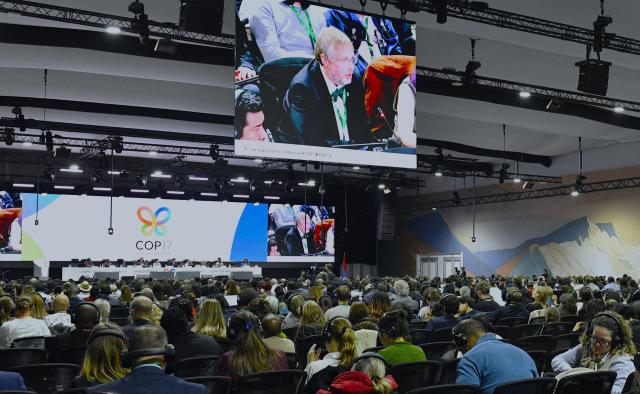 (261031) -- YEREVAN, Oct. 31, 2026 (Xinhua) -- Representatives attend the closing plenary for the 17th meeting of the Conference of the Parties to the Convention on Biological Diversity (COP17) in Yerevan, Armenia, Oct. 30, 2026. Over 100 countries reached agreements at the COP17 here, after marathon negotiations spanning roughly 12 hours from Friday night through Saturday morning.
  The closing plenary marked a breakthrough in efforts to halt and reverse nature loss by 2030, even as divisions over biodiversity finance, harmful subsidies and scientific evidence persisted.
   Delegates burst into applause when COP17 President Hambardzum Matevosyan, Armenia's environment minister, banged the gavel to adopt key decisions on the first global biodiversity progress review and resource mobilization.
   The outcome renews momentum for the Kunming-Montreal Global Biodiversity Framework, which was adopted in 2022 with 23 targets to halt and reverse biodiversity loss by 2030. (Xinhua/Chen Junfeng)