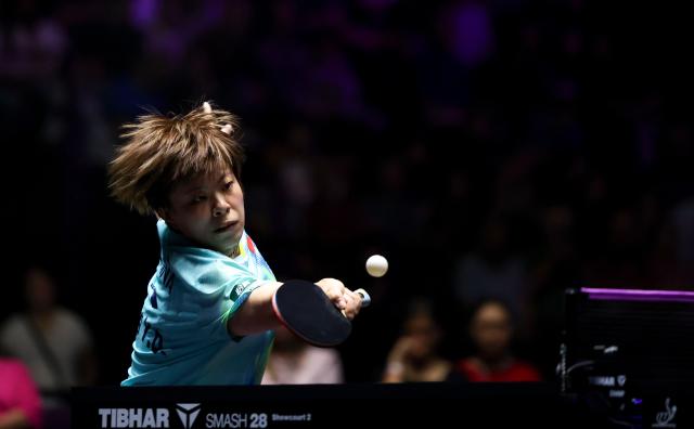(261031) -- MONTPELLIER, Oct. 31, 2026 (Xinhua) -- Wang Yidi of China hits a return during the women's singles quarterfinal match between Chen Xingtong of China and Wang Yidi of China at the WTT Champions Montpellier 2026 in Montpellier, France, on Oct. 31, 2026. (Xinhua/Wu Huiwo)