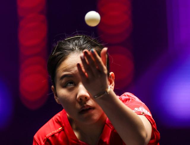 (261031) -- MONTPELLIER, Oct. 31, 2026 (Xinhua) -- Chen Xingtong of China serves during the women's singles quarterfinal match between Chen Xingtong of China and Wang Yidi of China at the WTT Champions Montpellier 2026 in Montpellier, France, on Oct. 31, 2026. (Xinhua/Wu Huiwo)
