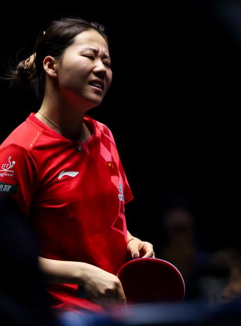 (261031) -- MONTPELLIER, Oct. 31, 2026 (Xinhua) -- Chen Xingtong of China reacts during the women's singles quarterfinal match between Chen Xingtong of China and Wang Yidi of China at the WTT Champions Montpellier 2026 in Montpellier, France, on Oct. 31, 2026. (Xinhua/Wu Huiwo)