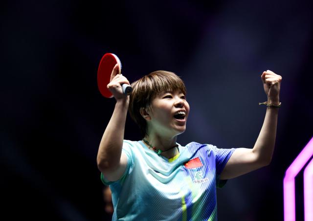 (261031) -- MONTPELLIER, Oct. 31, 2026 (Xinhua) -- Wang Yidi of China celebrates after the women's singles quarterfinal match between Chen Xingtong of China and Wang Yidi of China at the WTT Champions Montpellier 2026 in Montpellier, France, on Oct. 31, 2026. (Xinhua/Wu Huiwo)