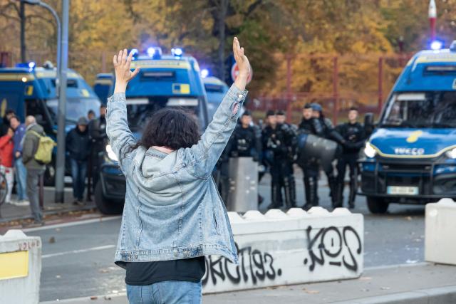 (261031) -- LILLE, Oct. 31, 2026 (Xinhua) -- A protester is seen in Lille, France, Oct. 31, 2026. Around 320,000 people took part in a new round of protests across France on Saturday, according to French daily Le Monde which cited figures from the Interior Ministry. (Photo by Sebastien Courdji/Xinhua)